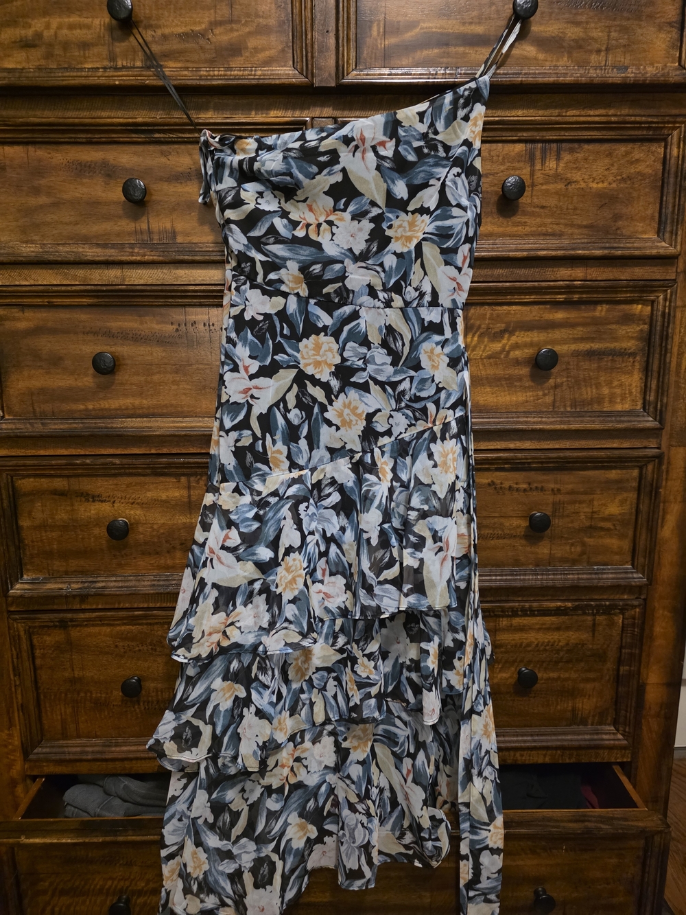 Petal & Pup One-Shoulder Floral Dress in Black, Blue & Cream